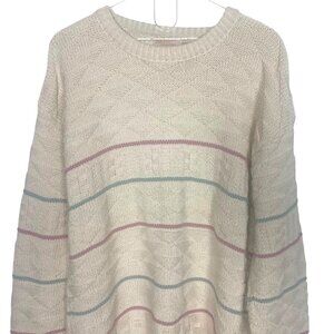 Vintage Fox Collection Chunky Knit Cotton Sweater M Tall Ivory Striped Fisherman